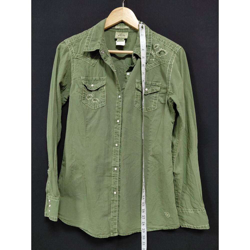 ARIAT WMS Maya Snap Cotton Shirt Green Solid Long Sleeve Women Size M - Picture 9 of 11
